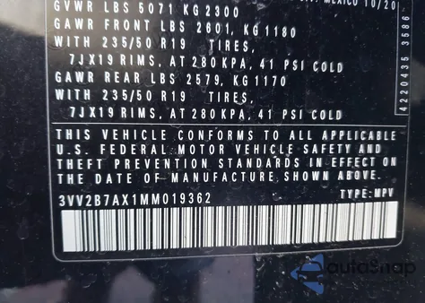 2021 Volkswagen Tiguan 2.0T Se/2.0T Se R-Line Black/2.0T Sel z USA, uszkodzony, nr VIN 3VV2B7AX1MM019362